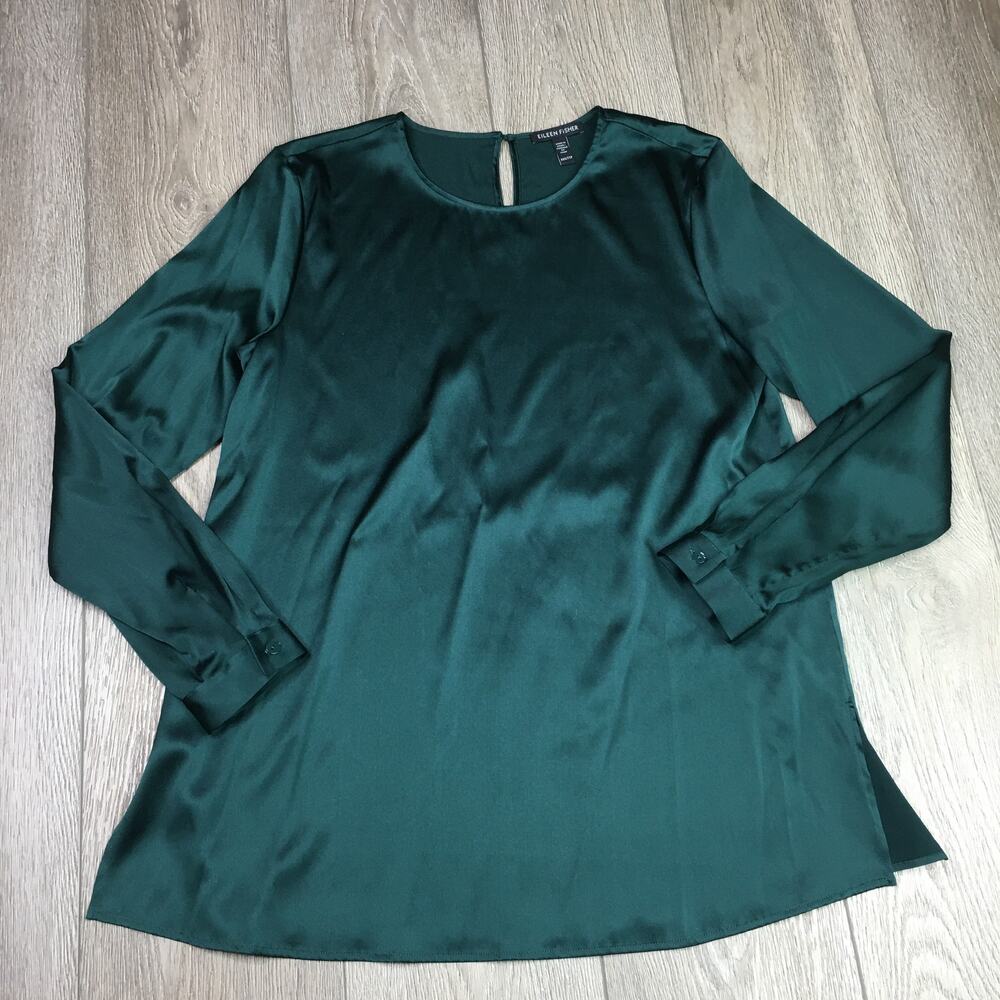 Eileen Fisher Stretch Silk Charmeuse Blouse Emerald Green Long Sleeve Top‎ XXS